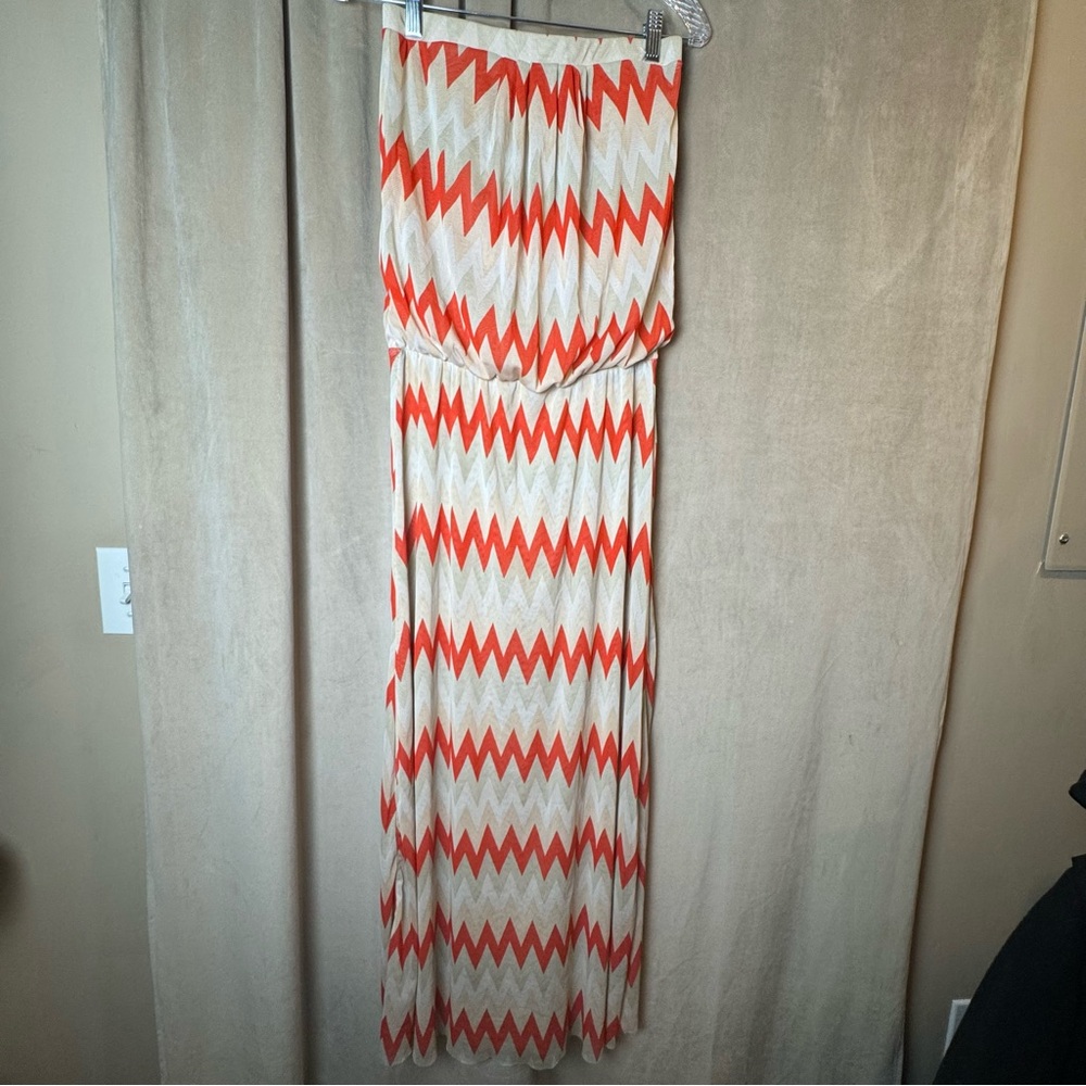 Cynthia Rowley Cream Maxi Skirt with Orange Zigzag Chevron Strapless‎ light Midi